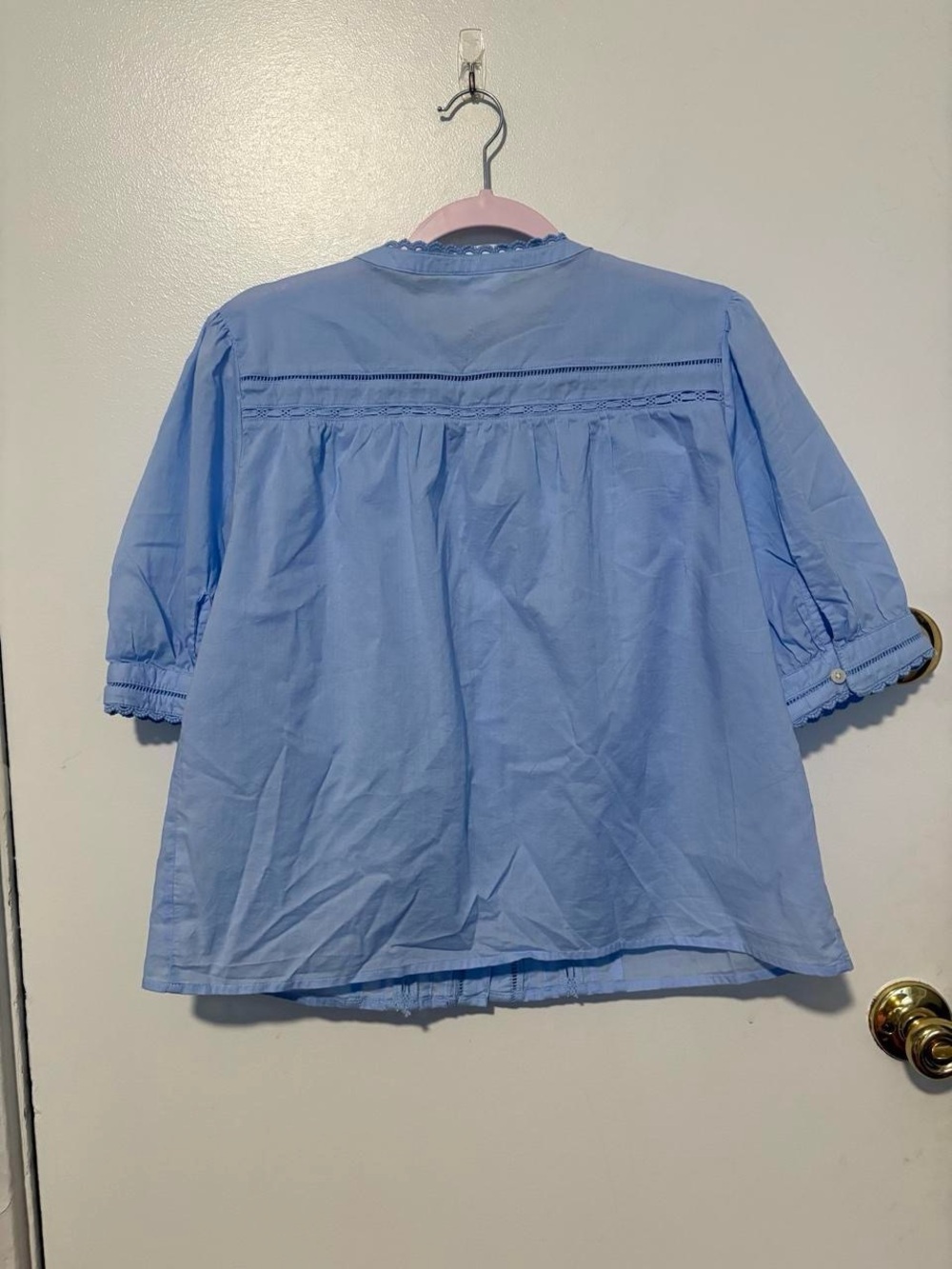 Light blue 100% cotton button-up blouse with puff sleeves lace trim blouse large - Picture 8 of 8
